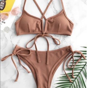 Ribbed V Wired across Cross Bikini Set